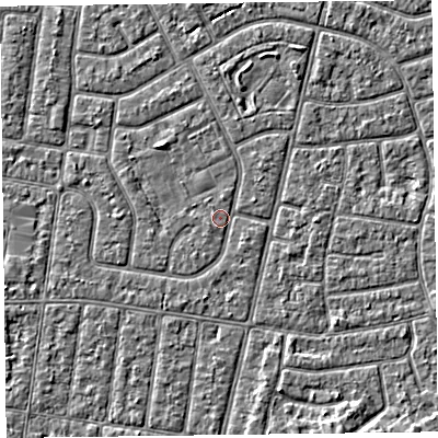 Shaded relief map of the ground around FY52NL, computed from Environment Agency LiDAR. The ground here sits at about 5 m above sea level and falls 3 m across the surrounding 800 m. Surface water reaching this point runs off ground lying to the south-west, 0.6 m higher.