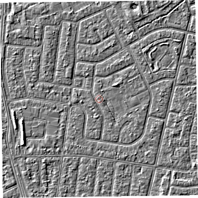 Shaded relief map of the ground around FY52NP, computed from Environment Agency LiDAR. The ground here sits at about 5 m above sea level and falls 5 m across the surrounding 800 m. Surface water reaching this point runs off ground lying to the south-south-east, 0.6 m higher.