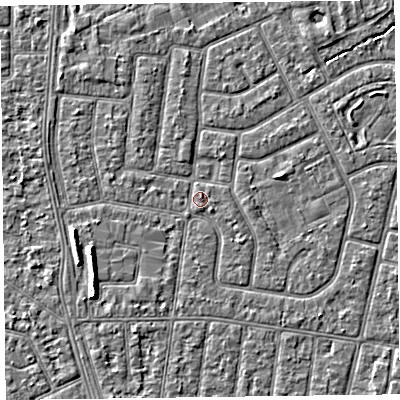 Shaded relief map of the ground around FY52NQ, computed from Environment Agency LiDAR. The ground here sits at about 5 m above sea level and falls 5 m across the surrounding 800 m. Surface water reaching this point runs off ground lying to the east-north-east, 2.1 m higher.