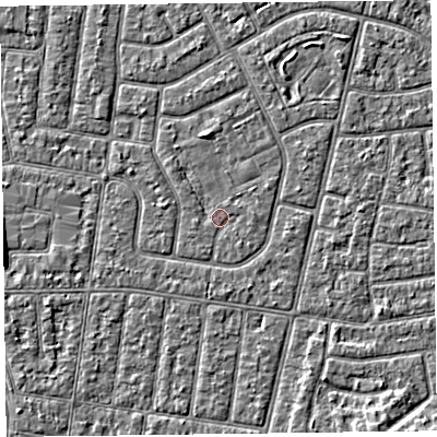 Shaded relief map of the ground around FY52NR, computed from Environment Agency LiDAR. The ground here sits at about 5 m above sea level and falls 5 m across the surrounding 800 m. Surface water reaching this point runs off ground lying to the east, 0.6 m higher.