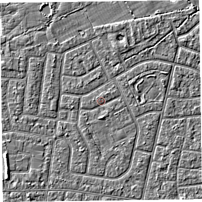 Shaded relief map of the ground around FY52NS, computed from Environment Agency LiDAR. The ground here sits at about 5 m above sea level and falls 5 m across the surrounding 800 m. Surface water reaching this point runs off ground lying to the south, 1.4 m higher.