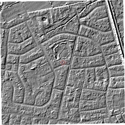 Shaded relief map of the ground around FY52NT, computed from Environment Agency LiDAR. The ground here sits at about 5 m above sea level and falls 5 m across the surrounding 800 m. Surface water reaching this point runs off ground lying to the west, 0.5 m higher.