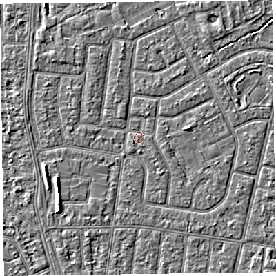 Shaded relief map of the ground around FY52NU, computed from Environment Agency LiDAR. The ground here sits at about 5 m above sea level and falls 5 m across the surrounding 800 m. Surface water reaching this point runs off ground lying to the east, 1.5 m higher.