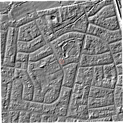 Shaded relief map of the ground around FY52NW, computed from Environment Agency LiDAR. The ground here sits at about 5 m above sea level and falls 5 m across the surrounding 800 m. The ground contributing surface water to this point lies to the north-north-east.