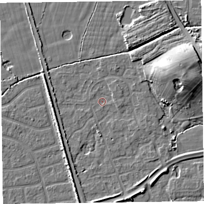 Shaded relief map of the ground around FY52PA, computed from Environment Agency LiDAR. The ground here sits at about 5 m above sea level and falls 11 m across the surrounding 800 m. Surface water reaching this point runs off ground lying to the east-north-east, 9.6 m higher.
