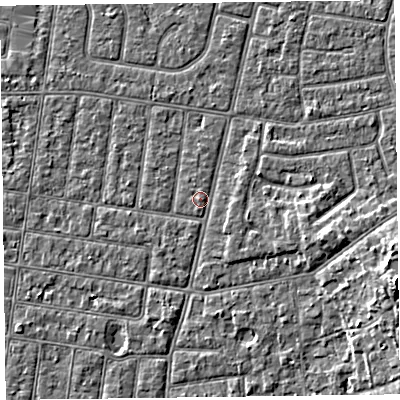 Shaded relief map of the ground around FY52PD, computed from Environment Agency LiDAR. The ground here sits at about 5 m above sea level and falls 6 m across the surrounding 800 m. Surface water reaching this point runs off ground lying to the east-south-east, 2.9 m higher.