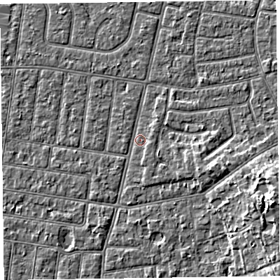 Shaded relief map of the ground around FY52PE, computed from Environment Agency LiDAR. The ground here sits at about 5 m above sea level and falls 7 m across the surrounding 800 m. Surface water reaching this point runs off ground lying to the east-south-east, 2.9 m higher.