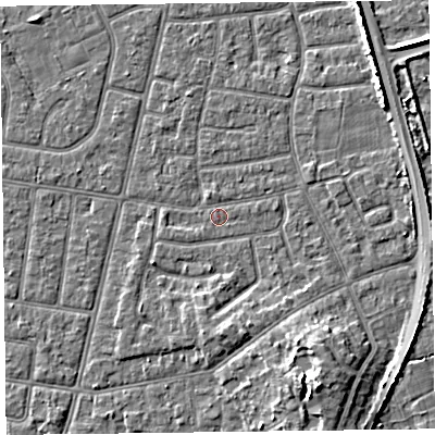 Shaded relief map of the ground around FY52PF, computed from Environment Agency LiDAR. The ground here sits at about 5 m above sea level and falls 7 m across the surrounding 800 m. Surface water reaching this point runs off ground lying to the south-south-east, 6.5 m higher.