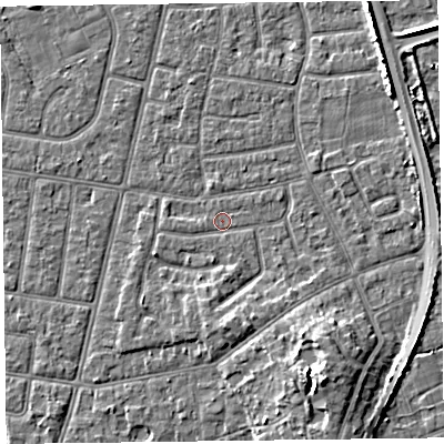 Shaded relief map of the ground around FY52PG, computed from Environment Agency LiDAR. The ground here sits at about 5 m above sea level and falls 7 m across the surrounding 800 m. Surface water reaching this point runs off ground lying to the south-south-east, 2.7 m higher.
