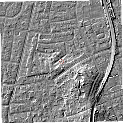Shaded relief map of the ground around FY52PH, computed from Environment Agency LiDAR. The ground here sits at about 6 m above sea level and falls 7 m across the surrounding 800 m. Surface water reaching this point runs off ground lying to the south-south-west, 2.4 m higher.