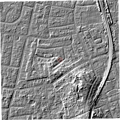 Shaded relief map of the ground around FY52PJ, computed from Environment Agency LiDAR. The ground here sits at about 5 m above sea level and falls 7 m across the surrounding 800 m. Surface water reaching this point runs off ground lying to the south, 2.7 m higher.
