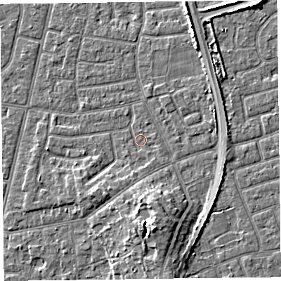 Shaded relief map of the ground around FY52PL, computed from Environment Agency LiDAR. The ground here sits at about 5 m above sea level and falls 7 m across the surrounding 800 m. Surface water reaching this point runs off ground lying to the south, 1.4 m higher.