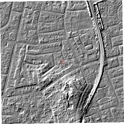 Shaded relief map of the ground around FY52PN, computed from Environment Agency LiDAR. The ground here sits at about 5 m above sea level and falls 7 m across the surrounding 800 m. Surface water reaching this point runs off ground lying to the south, 1.4 m higher.