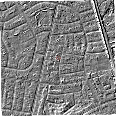 Shaded relief map of the ground around FY52PP, computed from Environment Agency LiDAR. The ground here sits at about 5 m above sea level and falls 5 m across the surrounding 800 m. The ground contributing surface water to this point lies to the east.