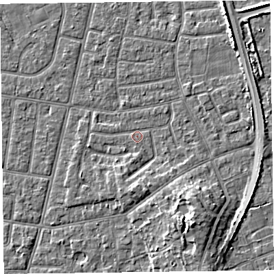 Shaded relief map of the ground around FY52PQ, computed from Environment Agency LiDAR. The ground here sits at about 5 m above sea level and falls 7 m across the surrounding 800 m. Surface water reaching this point runs off ground lying to the south, 2.7 m higher.