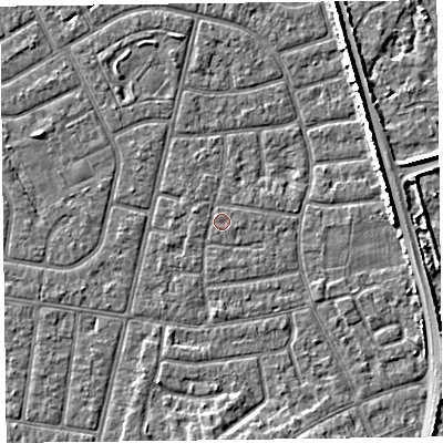 Shaded relief map of the ground around FY52PR, computed from Environment Agency LiDAR. The ground here sits at about 5 m above sea level and falls 5 m across the surrounding 800 m. Surface water reaching this point runs off ground lying to the west-north-west, 0.5 m higher.