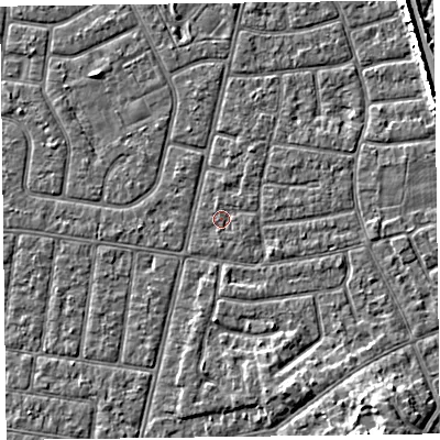 Shaded relief map of the ground around FY52PS, computed from Environment Agency LiDAR. The ground here sits at about 5 m above sea level and falls 6 m across the surrounding 800 m. The ground contributing surface water to this point lies to the east.