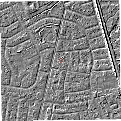 Shaded relief map of the ground around FY52PT, computed from Environment Agency LiDAR. The ground here sits at about 5 m above sea level and falls 5 m across the surrounding 800 m. Surface water reaching this point runs off ground lying to the south, 0.5 m higher.