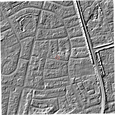 Shaded relief map of the ground around FY52PU, computed from Environment Agency LiDAR. The ground here sits at about 5 m above sea level and falls 5 m across the surrounding 800 m. Surface water reaching this point runs off ground lying to the west, 0.6 m higher.
