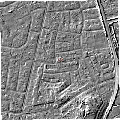 Shaded relief map of the ground around FY52PW, computed from Environment Agency LiDAR. The ground here sits at about 5 m above sea level and falls 7 m across the surrounding 800 m. Surface water reaching this point runs off ground lying to the south-south-east, 6.5 m higher.