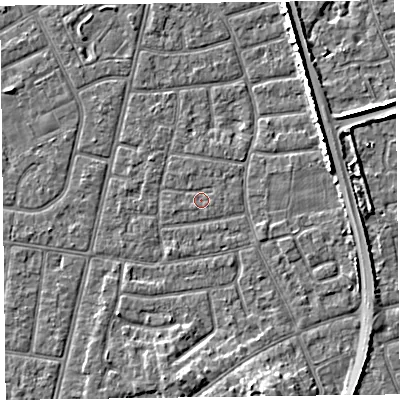 Shaded relief map of the ground around FY52PX, computed from Environment Agency LiDAR. The ground here sits at about 5 m above sea level and falls 5 m across the surrounding 800 m. Surface water reaching this point runs off ground lying to the north-north-west, 0.5 m higher.