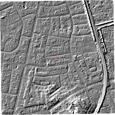 Shaded relief map of the ground around FY52PZ, computed from Environment Agency LiDAR. The ground here sits at about 5 m above sea level and falls 6 m across the surrounding 800 m. Surface water reaching this point runs off ground lying to the north-west, 0.6 m higher.