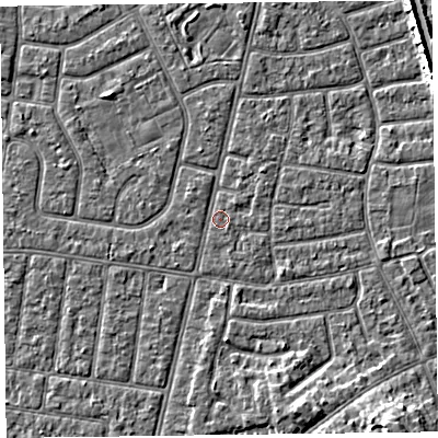 Shaded relief map of the ground around FY52QA, computed from Environment Agency LiDAR. The ground here sits at about 5 m above sea level and falls 5 m across the surrounding 800 m. Surface water reaching this point runs off ground lying to the north-east, 0.9 m higher.