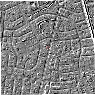 Shaded relief map of the ground around FY52QB, computed from Environment Agency LiDAR. The ground here sits at about 5 m above sea level and falls 5 m across the surrounding 800 m. Surface water reaching this point runs off ground lying to the north-west, 0.6 m higher.