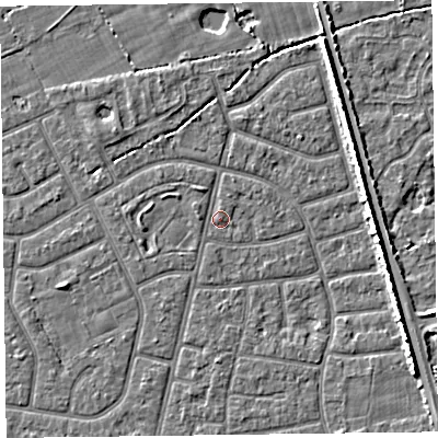 Shaded relief map of the ground around FY52QD, computed from Environment Agency LiDAR. The ground here sits at about 5 m above sea level and falls 5 m across the surrounding 800 m. Surface water reaching this point runs off ground lying to the north-north-west, 1.8 m higher.