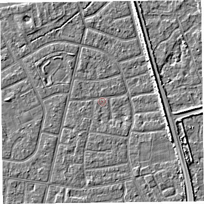 Shaded relief map of the ground around FY52QG, computed from Environment Agency LiDAR. The ground here sits at about 5 m above sea level and falls 5 m across the surrounding 800 m. Surface water reaching this point runs off ground lying to the east-south-east, 4.7 m higher.