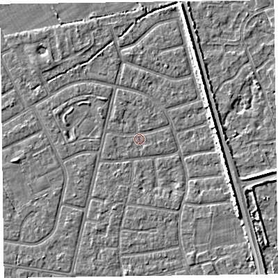 Shaded relief map of the ground around FY52QH, computed from Environment Agency LiDAR. The ground here sits at about 5 m above sea level and falls 5 m across the surrounding 800 m. Surface water reaching this point runs off ground lying to the east-south-east, 4.8 m higher.