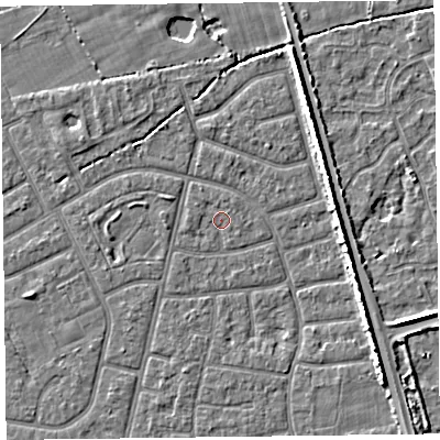 Shaded relief map of the ground around FY52QJ, computed from Environment Agency LiDAR. The ground here sits at about 5 m above sea level and falls 5 m across the surrounding 800 m. Surface water reaching this point runs off ground lying to the west-north-west, 1.4 m higher.
