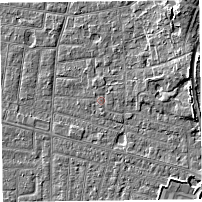 Shaded relief map of the ground around FY52QL, computed from Environment Agency LiDAR. The ground here sits at about 5 m above sea level and falls 8 m across the surrounding 800 m. Surface water reaching this point runs off ground lying to the north-north-west, 1.0 m higher.