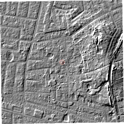 Shaded relief map of the ground around FY52QP, computed from Environment Agency LiDAR. The ground here sits at about 5 m above sea level and falls 8 m across the surrounding 800 m. Surface water reaching this point runs off ground lying to the north, 0.7 m higher.