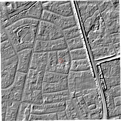 Shaded relief map of the ground around FY52QQ, computed from Environment Agency LiDAR. The ground here sits at about 5 m above sea level and falls 5 m across the surrounding 800 m. Surface water reaching this point runs off ground lying to the east-south-east, 4.7 m higher.