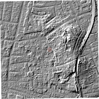 Shaded relief map of the ground around FY52QR, computed from Environment Agency LiDAR. The ground here sits at about 5 m above sea level and falls 7 m across the surrounding 800 m. Surface water reaching this point runs off ground lying to the east-north-east, 5.5 m higher.