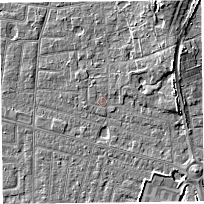 Shaded relief map of the ground around FY52QS, computed from Environment Agency LiDAR. The ground here sits at about 5 m above sea level and falls 8 m across the surrounding 800 m. Surface water reaching this point runs off ground lying to the north-west, 1.0 m higher.