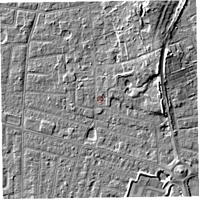 Shaded relief map of the ground around FY52QT, computed from Environment Agency LiDAR. The ground here sits at about 5 m above sea level and falls 8 m across the surrounding 800 m. Surface water reaching this point runs off ground lying to the east-north-east, 2.7 m higher.