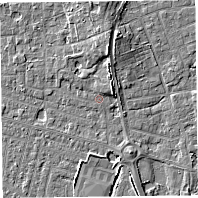 Shaded relief map of the ground around FY52QU, computed from Environment Agency LiDAR. The ground here sits at about 5 m above sea level and falls 7 m across the surrounding 800 m. Surface water reaching this point runs off ground lying to the north-east, 1.7 m higher.