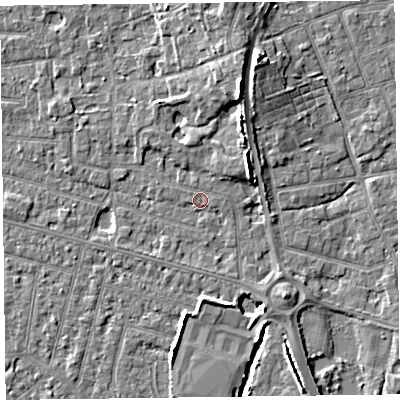 Shaded relief map of the ground around FY52QX, computed from Environment Agency LiDAR. The ground here sits at about 5 m above sea level and falls 7 m across the surrounding 800 m. Surface water reaching this point runs off ground lying to the east-north-east, 4.6 m higher.
