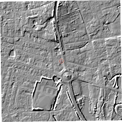 Shaded relief map of the ground around FY52QY, computed from Environment Agency LiDAR. The ground here sits at about 5 m above sea level and falls 7 m across the surrounding 800 m. Surface water reaching this point runs off ground lying to the south, 1.2 m higher.