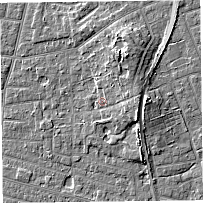 Shaded relief map of the ground around FY52QZ, computed from Environment Agency LiDAR. The ground here sits at about 6 m above sea level and falls 8 m across the surrounding 800 m. Surface water reaching this point runs off ground lying to the north-north-east, 4.9 m higher.