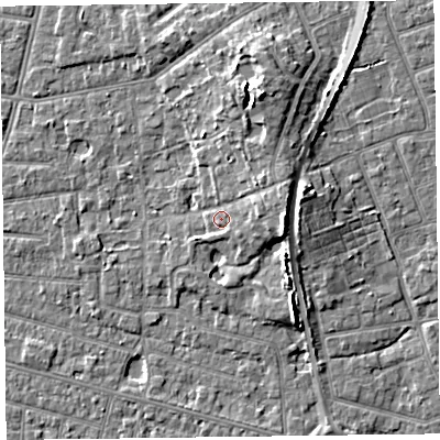 Shaded relief map of the ground around FY52RA, computed from Environment Agency LiDAR. The ground here sits at about 6 m above sea level and falls 8 m across the surrounding 800 m. Surface water reaching this point runs off ground lying to the north-north-east, 5.5 m higher.