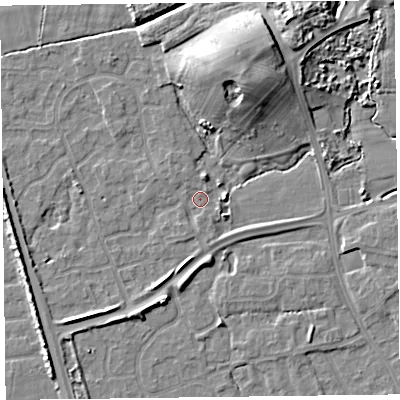 Shaded relief map of the ground around FY52RG, computed from Environment Agency LiDAR. The ground here sits at about 6 m above sea level and falls 11 m across the surrounding 800 m. Surface water reaching this point runs off ground lying to the south-west, 2.0 m higher.