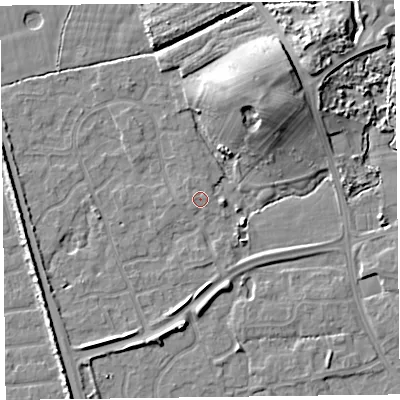 Shaded relief map of the ground around FY52RH, computed from Environment Agency LiDAR. The ground here sits at about 6 m above sea level and falls 11 m across the surrounding 800 m. Surface water reaching this point runs off ground lying to the west-north-west, 0.6 m higher.