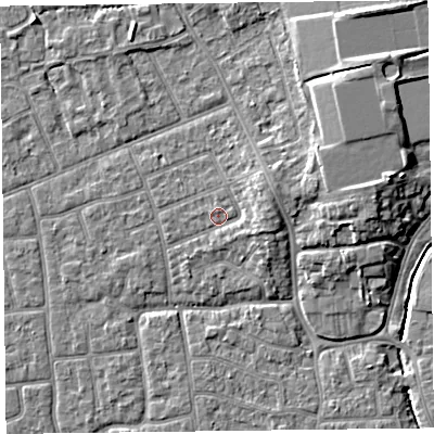 Shaded relief map of the ground around FY52RL, computed from Environment Agency LiDAR. The ground here sits at about 6 m above sea level and falls 7 m across the surrounding 800 m. Surface water reaching this point runs off ground lying to the east-north-east, 2.6 m higher.
