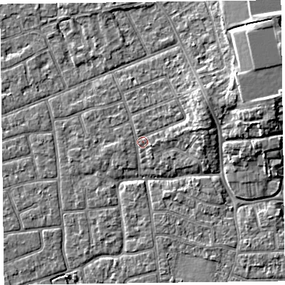 Shaded relief map of the ground around FY52RN, computed from Environment Agency LiDAR. The ground here sits at about 5 m above sea level and falls 6 m across the surrounding 800 m. Surface water reaching this point runs off ground lying to the east-north-east, 3.0 m higher.