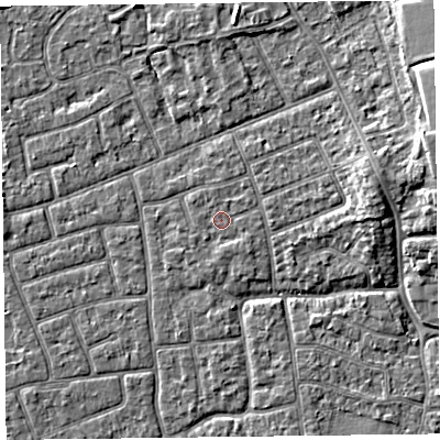 Shaded relief map of the ground around FY52RP, computed from Environment Agency LiDAR. The ground here sits at about 5 m above sea level and falls 5 m across the surrounding 800 m. The ground contributing surface water to this point lies to the north-west.