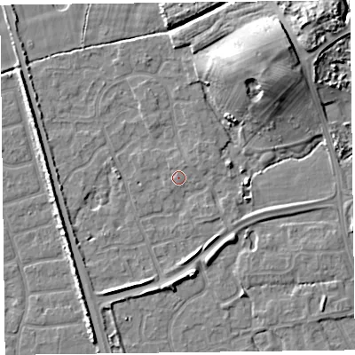 Shaded relief map of the ground around FY52RQ, computed from Environment Agency LiDAR. The ground here sits at about 6 m above sea level and falls 11 m across the surrounding 800 m. Surface water reaching this point runs off ground lying to the north-north-east, 0.8 m higher.