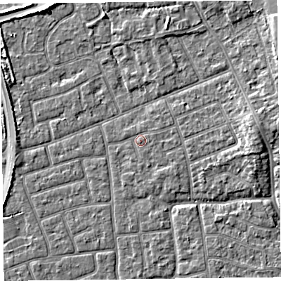 Shaded relief map of the ground around FY52RR, computed from Environment Agency LiDAR. The ground here sits at about 5 m above sea level and falls 4 m across the surrounding 800 m. Surface water reaching this point runs off ground lying to the south, 0.6 m higher.